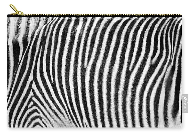 Zebra Carry-all Pouch featuring the photograph Zebra Print Black and White Horizontal Crop by Good Focused
