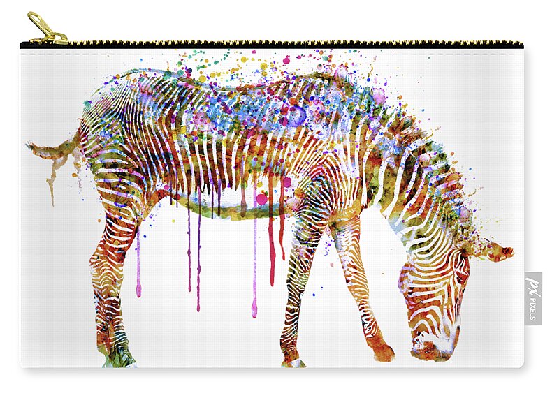 Zebra Zip Pouch featuring the painting Zebra watercolor painting by Marian Voicu