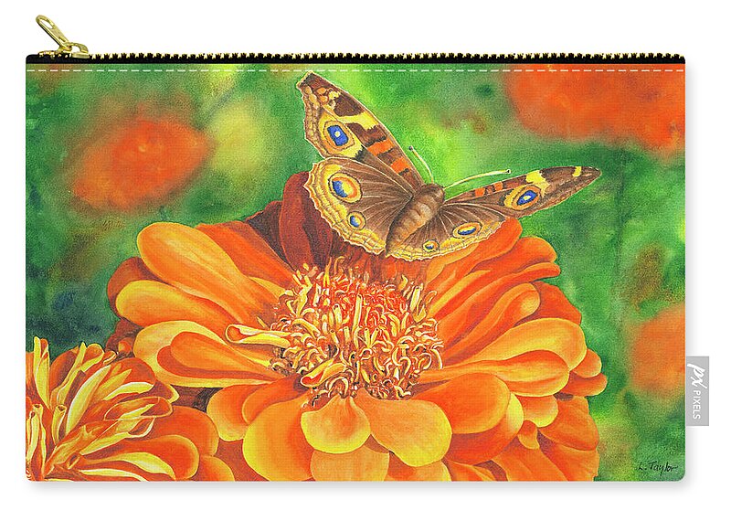 Zinnia With Butterfly Carry-all Pouch featuring the painting Zinnia Runway by Lori Taylor