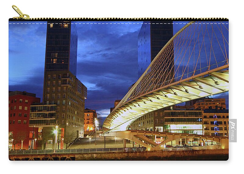 Bilbao Zip Pouch featuring the photograph Zubizuri or Campo Volantin Bridge at Blue Hour Bilbao by James Brunker