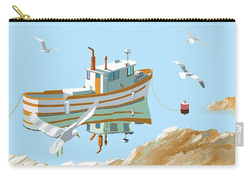 Seagull Sea Gull Sea Ocean Lake River Fish Boat Fishing Troller Trawler Sailing Sailboat Landscape Seascape Zip Pouch featuring the digital art A contemplation of seagulls #2 by Gary Giacomelli