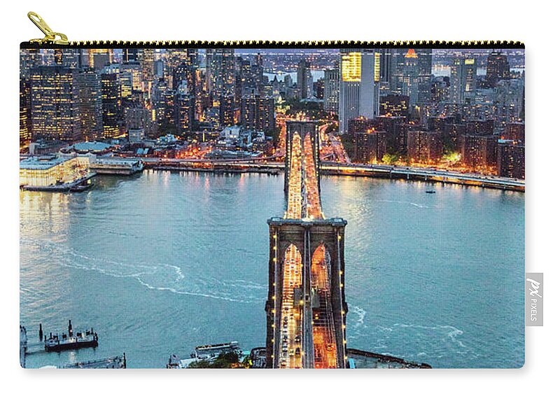Brooklyn Bridge Zip Pouch featuring the photograph Aerial of New York city and Brooklyn bridge at dusk #1 by Matteo Colombo