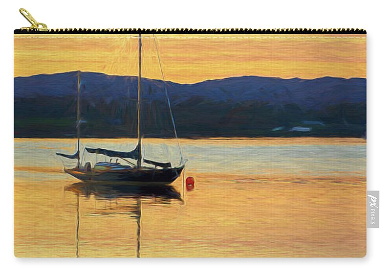 Beautiful Carry-all Pouch featuring the digital art Boat On A Lake at Sunset by Rick Deacon