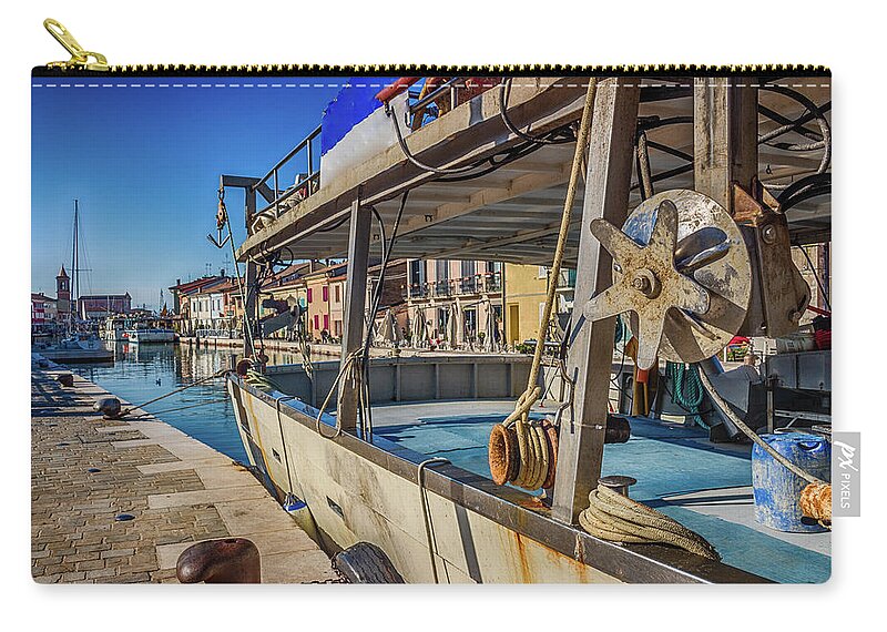Boats Zip Pouch featuring the photograph boat on Italian Canal Port #1 by Vivida Photo PC
