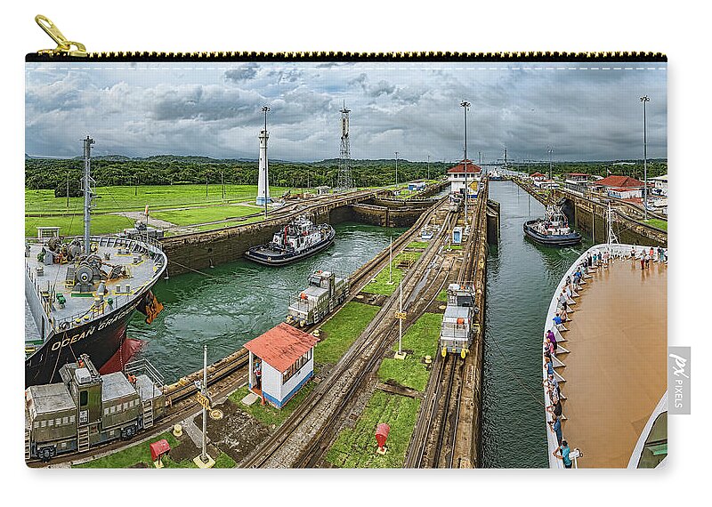 Photography Zip Pouch featuring the photograph Boats In A Canal, Panama Canal Locks #1 by Panoramic Images