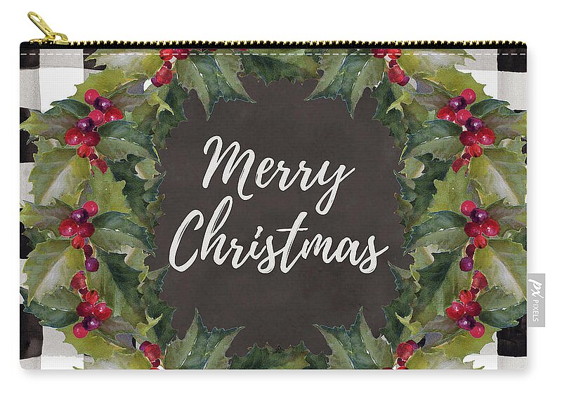 #faaAdWordsBest Zip Pouch featuring the mixed media Buffalo Plaid Christmas Wreath #1 by Lanie Loreth