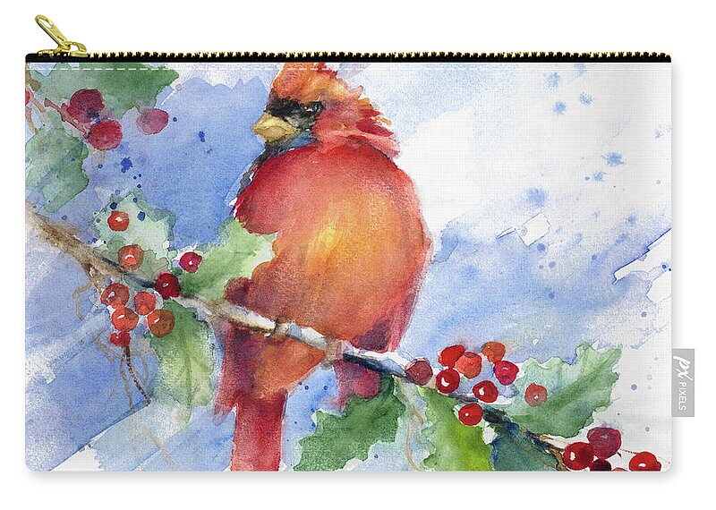 Cardinal Carry-all Pouch featuring the painting Cardinal On Holly Branch by Lanie Loreth