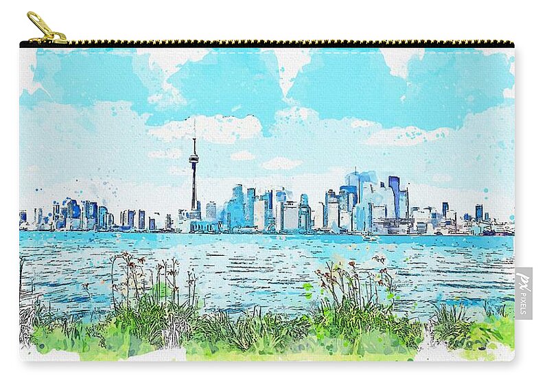 Cityscape Zip Pouch featuring the painting cityscape canada, c 2019 watercolor, by Adam Asar #1 by Celestial Images