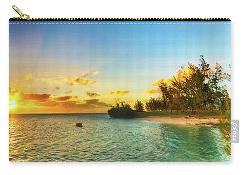 Beach Zip Pouch featuring the photograph Coastal view at sunset. Mauritius. Panorama #1 by MotHaiBaPhoto Prints