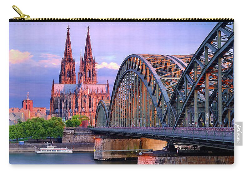 Estock Zip Pouch featuring the digital art Germany, North Rhine-westphalia, Cologne, Koln, Rhine, View Over Cologne City Center With Cologne Cathedral And Hohenzollern Bridge Over The Rhine River #1 by Francesco Carovillano