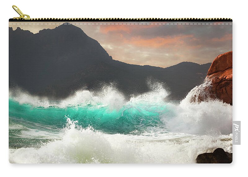 Water's Edge Zip Pouch featuring the photograph Huge Storm Surf #1 by Akrp