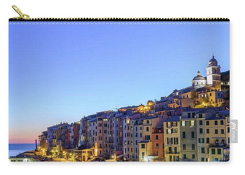 Estock Zip Pouch featuring the digital art Italy, Liguria, La Spezia District, Riviera Di Levante, Portovenere, View Of The Village At Dusk #1 by Franco Cogoli