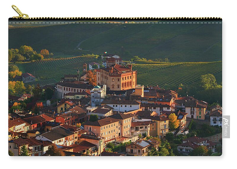Estock Zip Pouch featuring the digital art Italy, Piedmont, Cuneo District, Strada Del Tartufo Bianco, Colline Del Barolo, Langhe, Barolo, View Towards The Village And Its Castle Surrounded By Nebbiolo Da Barolo Vineyards #1 by Riccardo Spila