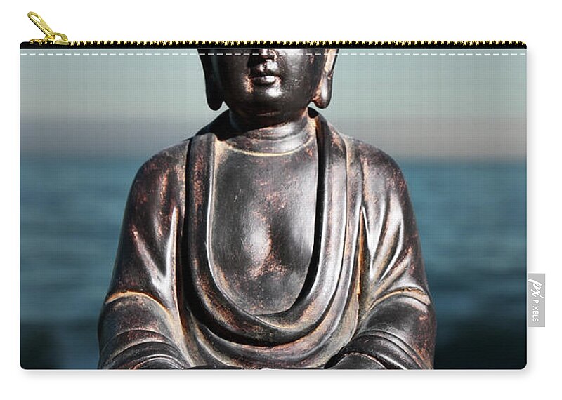 Water's Edge Zip Pouch featuring the photograph Japanese Buddha Statue At Ocean Shore by Wesvandinter