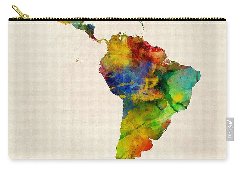 Latin America Zip Pouch featuring the digital art Latin America Watercolor Map #1 by Michael Tompsett