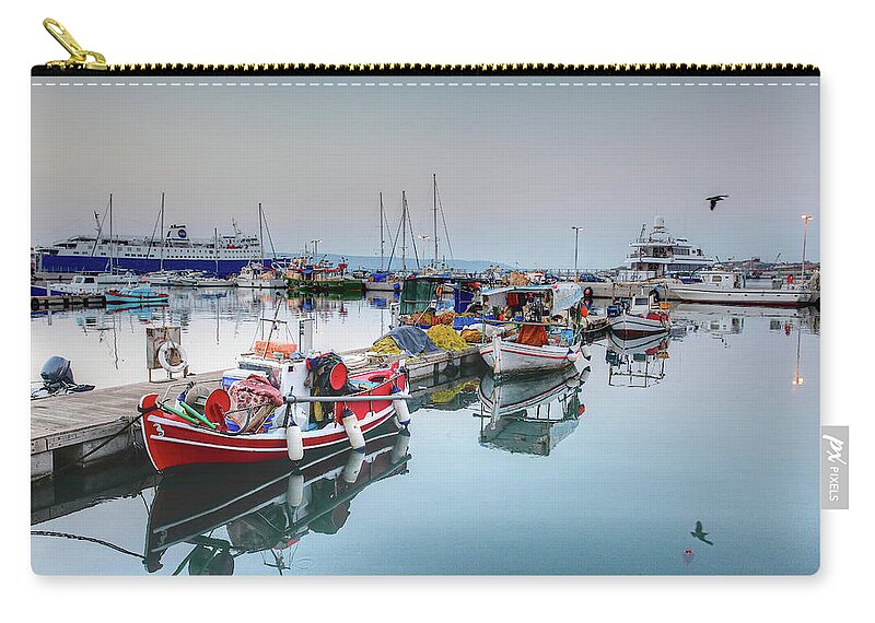 Dawn Zip Pouch featuring the photograph Lavrium Fishing Port #1 by Alexandros Photos