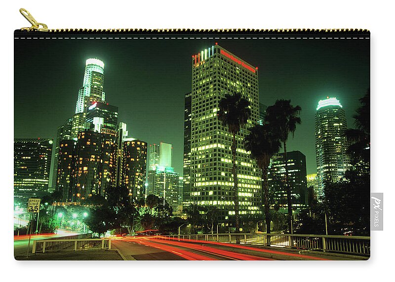 Downtown District Zip Pouch featuring the photograph Los Angeles Skyline At Night #1 by Hisham Ibrahim