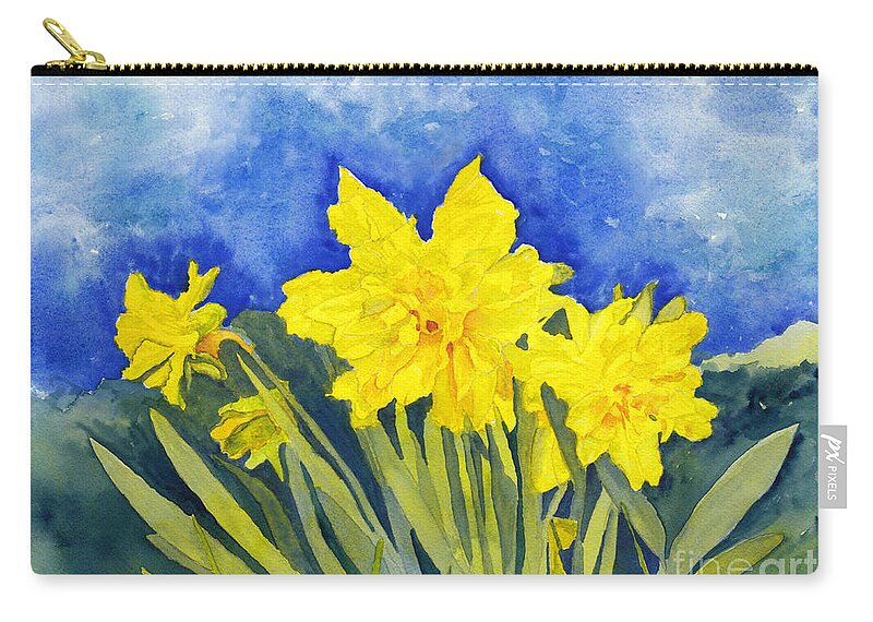 Daffodils Zip Pouch featuring the painting Naturalized Daffodils on the farm #2 by Conni Schaftenaar