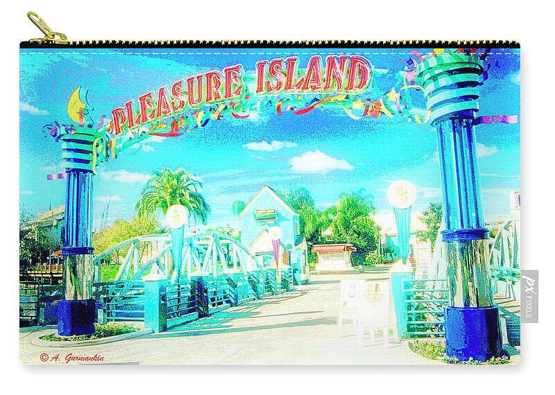 Pleasure Island Zip Pouch featuring the digital art Pleasure Island Sign and Walkway Downtown Disney #2 by A Macarthur Gurmankin