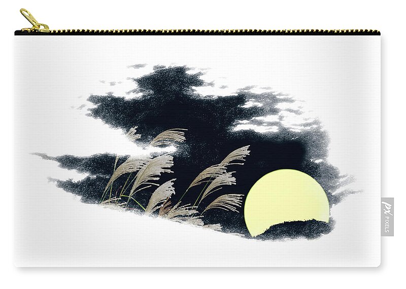 White Background Zip Pouch featuring the digital art Silver Grass And Full Moon #1 by Norio Sato/a.collectionrf