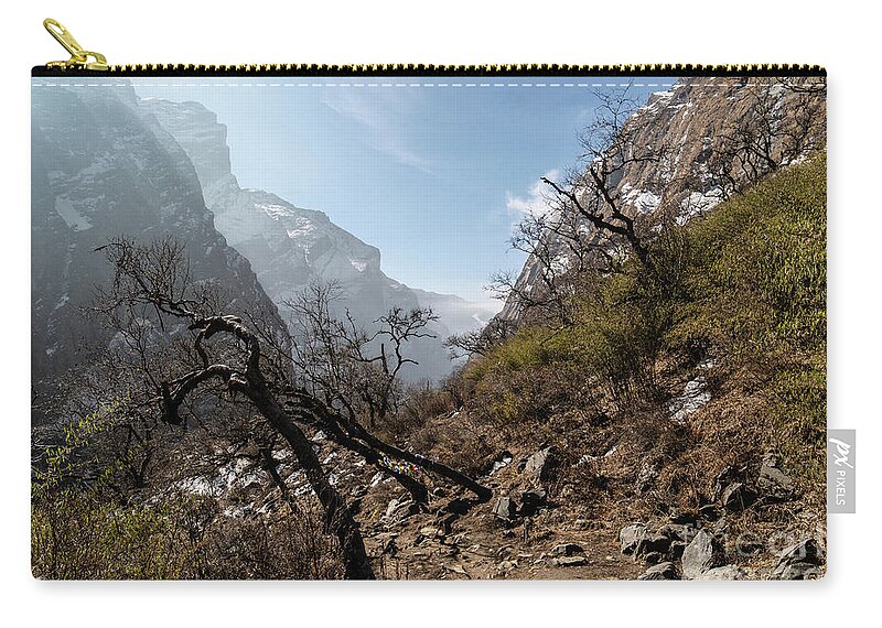 Annapurna Conservation Area Zip Pouch featuring the photograph Sunrise over valley leading to the Annapurna base camp trek in N #1 by Didier Marti