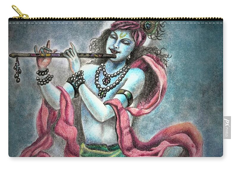 Krishna Zip Pouch featuring the drawing The divine flute player by Tara Krishna