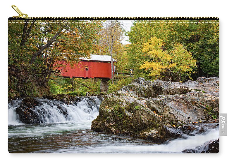Slaughterhouse Covered Bridge Zip Pouch featuring the photograph Vermont covered bridge in autumn #1 by Jeff Folger