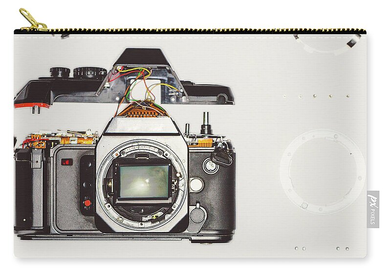 Focus Zip Pouch featuring the photograph Vintage Disassembled Camera #1 by Deimagine