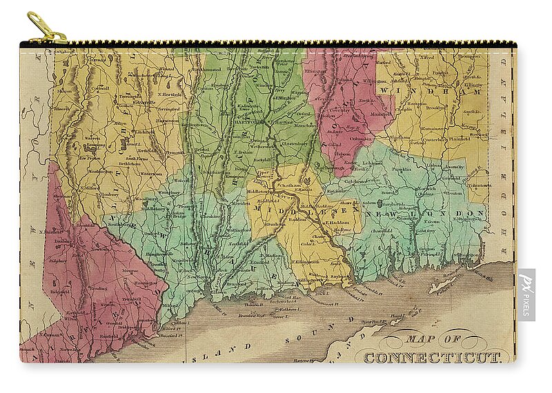 Connecticut Carry-all Pouch featuring the digital art 1835 Map of Connecticut and Long Island Sound Historical Map by Toby McGuire