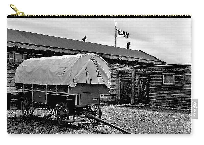 Wagon Zip Pouch featuring the photograph 1875 Fort Parking Lot - BW001 by Jor Cop Images