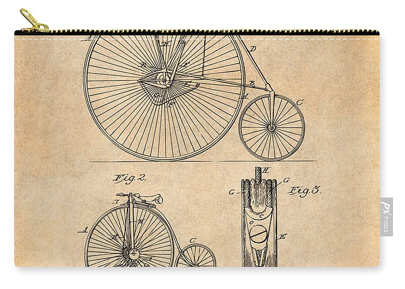 1886 W. G. Rich Velocipede Bicycle Patent Print Zip Pouch featuring the drawing 1886 W. G. Rich Velocipede Bicycle Antique Paper Patent Print by Greg Edwards