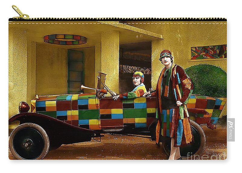 Vintage Zip Pouch featuring the photograph 1920s French Art Deco Roadster With Models In Matching Outfits by Retrographs