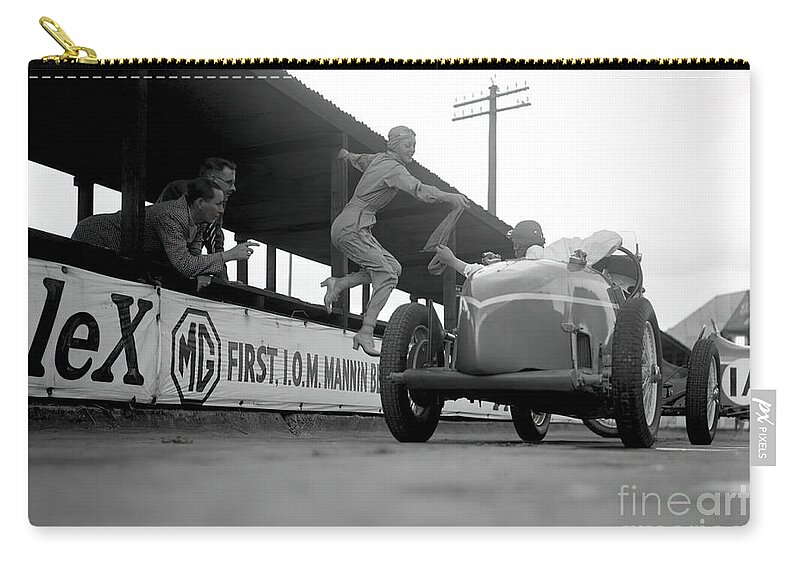 Vintage Zip Pouch featuring the photograph 1920s Woman Riding Mechanic Jumping In Race Car At Brooklands by Retrographs