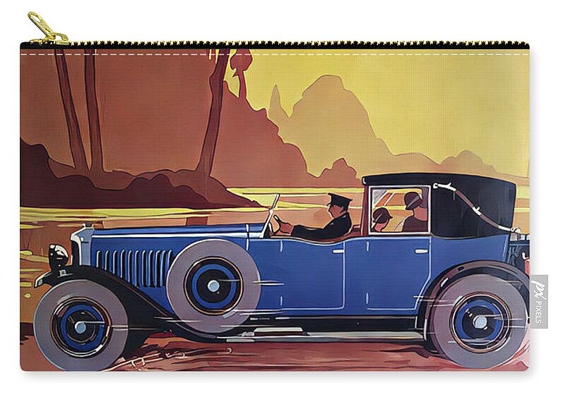 Vintage Zip Pouch featuring the mixed media 1926 Town Car With Driver And Occupants Lakeside Setting 1927 Farmer And Tractor Field Setting Original French Art Deco Illustration by Retrographs