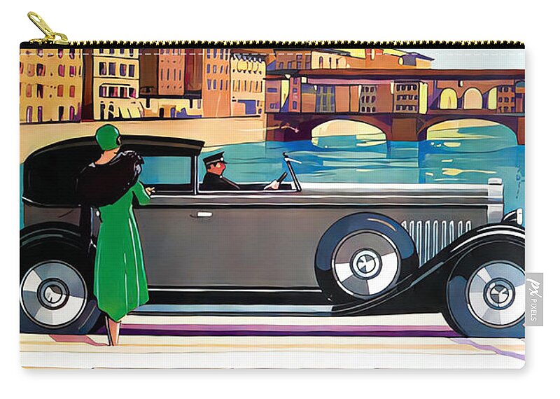 Vintage Zip Pouch featuring the mixed media 1929 Town Car With Driver And Woman Passenger City Canal Original French Art Deco Illustration by Retrographs