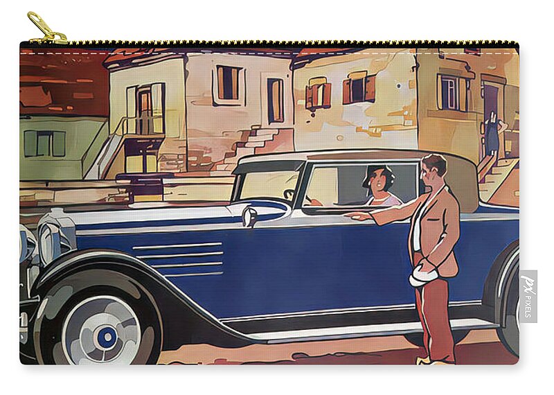 Vintage Zip Pouch featuring the mixed media 1930 Coupe With Woman Driver And Visitor Dutch Village Original French Art Deco Illustration by Retrographs