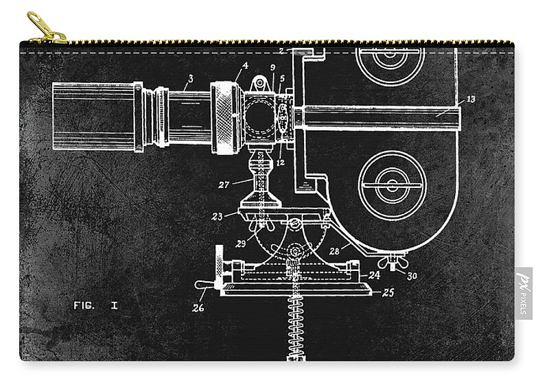 1940 Zip Pouch featuring the photograph 1930 Movie Camera Patent Black #1930 by Jon Neidert