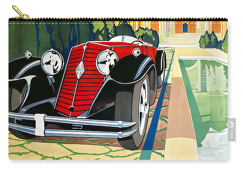 Vintage Zip Pouch featuring the mixed media 1930 Renault Sports Skiff Touring Car Eastern Poolside Setting Original French Art Deco Illustration by Retrographs
