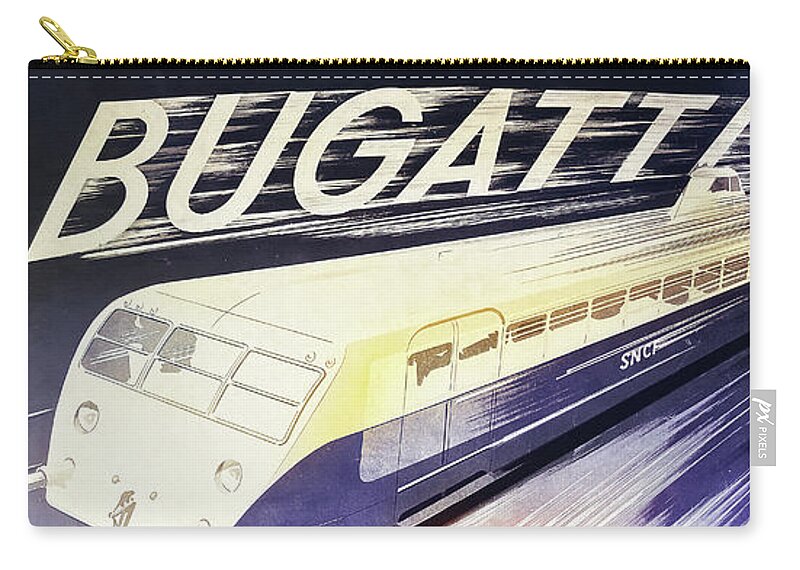 Vintage Zip Pouch featuring the mixed media 1930s Art Deco Poster Featuring Bugatti T57 And Train by Retrographs