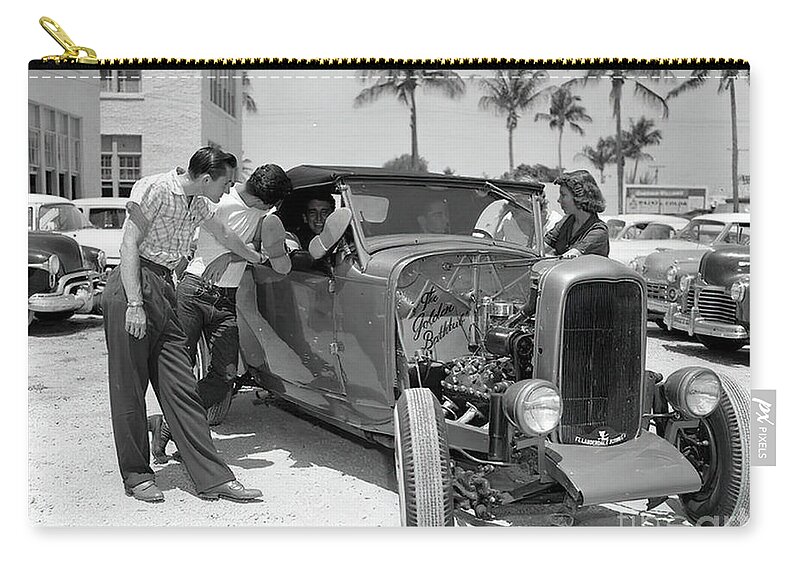 Vintage Zip Pouch featuring the photograph 1932 Ford Roadster Hot Rod With Admirers by Retrographs