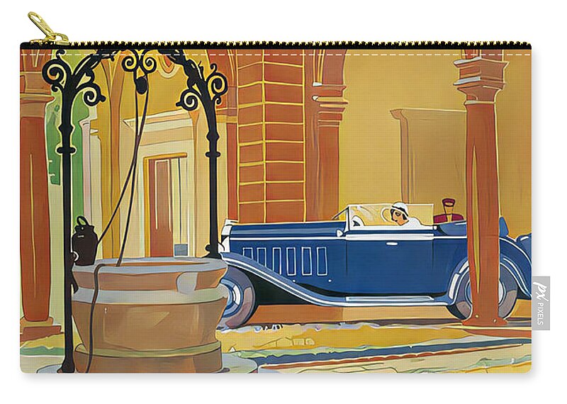 Vintage Zip Pouch featuring the mixed media 1932 Touring Car With Woman Driver In Elegant Courtyard Original French Art Deco Illustration by Retrographs