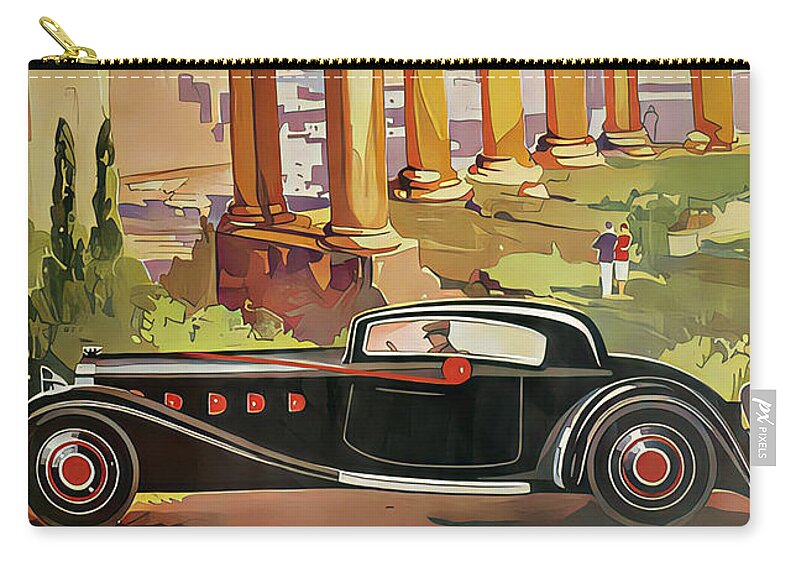 Vintage Zip Pouch featuring the mixed media 1933 Hispano Suiza Coupe With Driver Among Greek Ruins Original French Art Deco Illustration by Retrographs