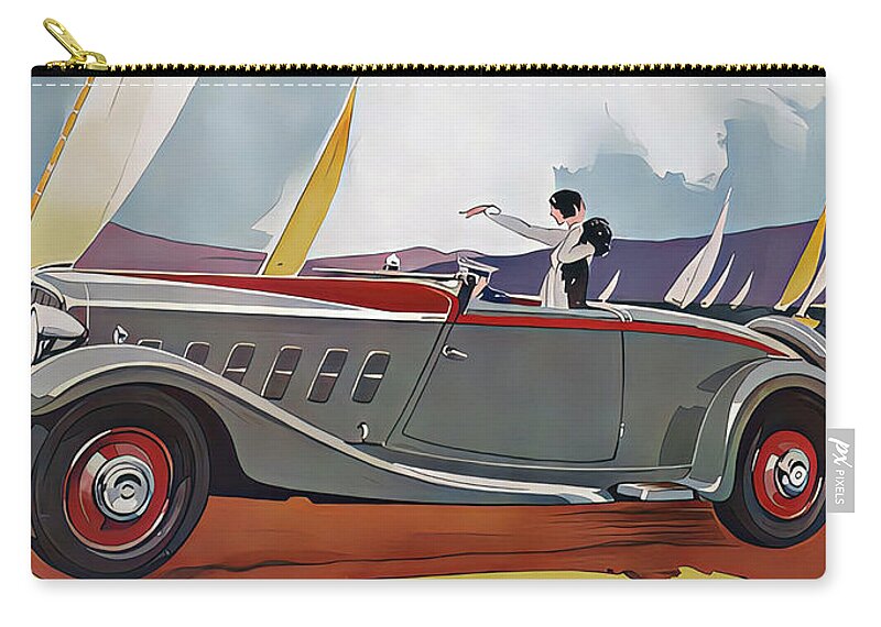 Vintage Zip Pouch featuring the mixed media 1934 Panhard Roadster With Woman Occupant With Sailboats Original French Art Deco Illustration by Retrographs