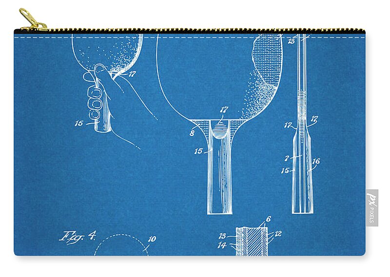 1934 Ping Pong Paddle Patent Print Zip Pouch featuring the drawing 1934 Ping Pong Paddle Blueprint Patent Print by Greg Edwards