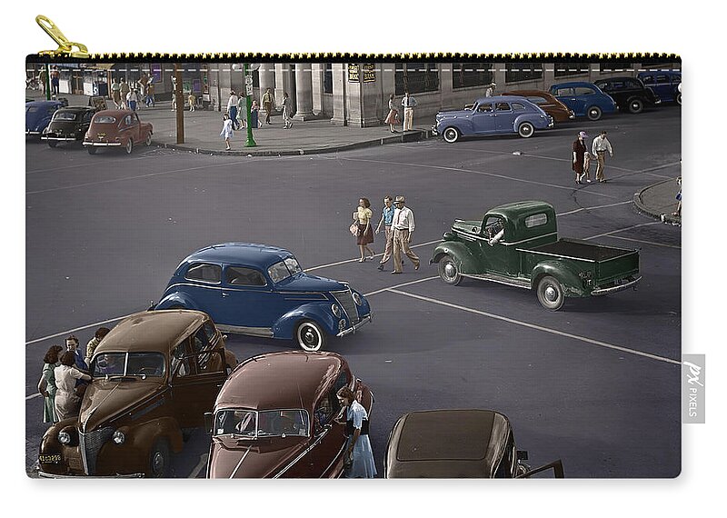 Vintage Zip Pouch featuring the photograph 1940s City Square Colorized Image by Retrographs