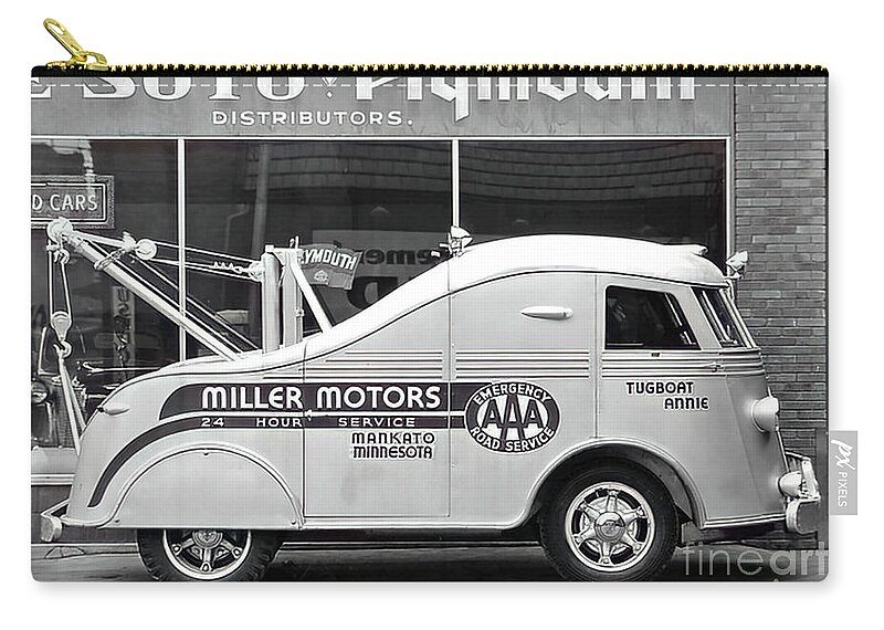 Vintage Zip Pouch featuring the photograph 1940s Desoto Plymouth Miller Motors Art Deco Tow Truck by Retrographs