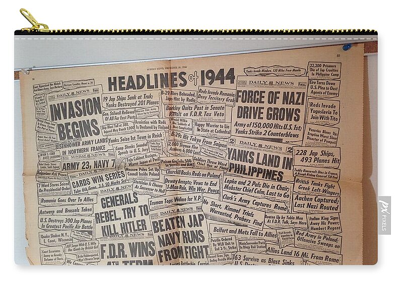 1944 Zip Pouch featuring the photograph 1944 Headlines by Marty Klar