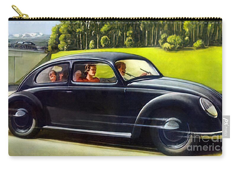 Vintage Zip Pouch featuring the mixed media 1950s Volkswagen At Speed With Occupants by Retrographs
