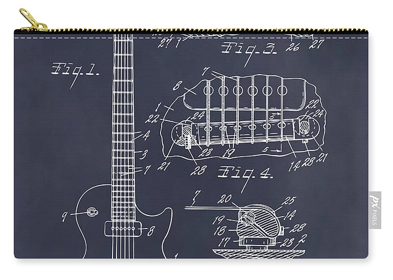Gibson Zip Pouch featuring the drawing 1955 Gibson Les Paul Guitar Patent Print Blackboard by Greg Edwards