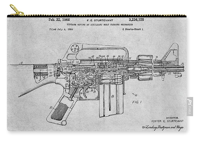 Ar15 Zip Pouch featuring the drawing 1966 AR15 Assault Rifle Patent Print, M-16, Gray by Greg Edwards